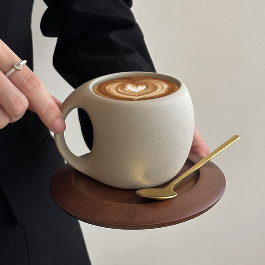 Coffee Art Vintage Ceramic Latte Mug Set with Spoon – Rustic & Elegant