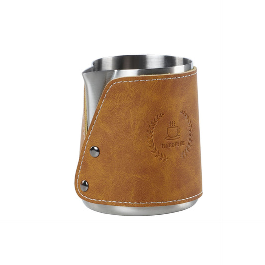 CoffeeArt Handleless Milk Frothing Pitcher – 450ml Stainless Steel Jug with Leather Sleeve for Latte Art