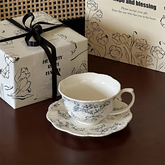 Coffee Art Vintage French Mist Blue Rose Embossed Coffee Cup & Saucer – Elegant Gift Set