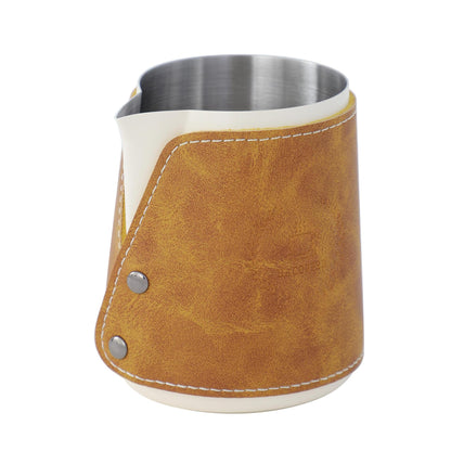 Coffee Art Handleless Milk Jug with Leather Sleeve, Stainless Steel Milk Frothing Pitcher 450ml